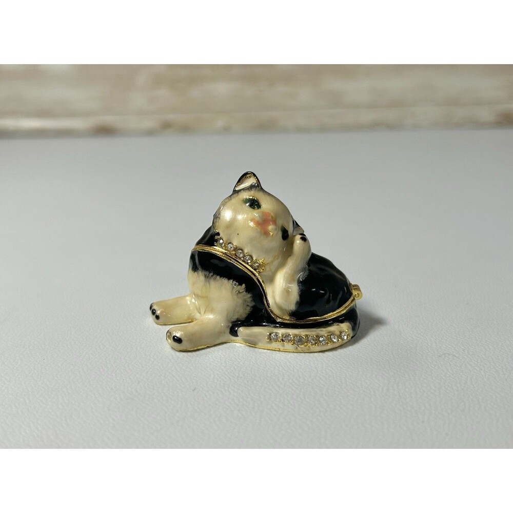 Black and White Scratching Cat Bejeweled Trinket Box Gold Tone Trim Gloss